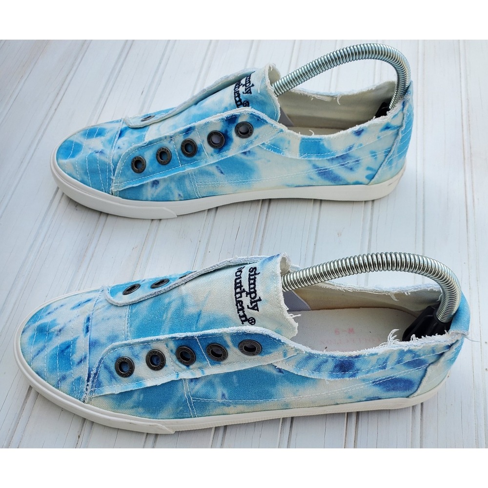 Simply Southern Slip On Shoes Women's 9 Blue Tie Dye Canvas Raw Edge Summer Shoe
